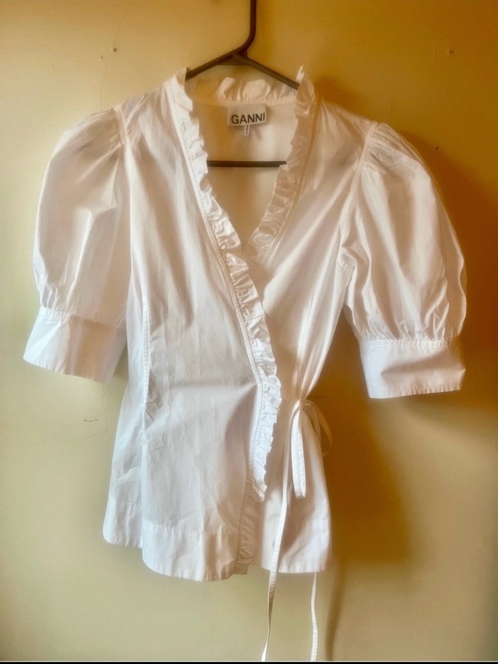 Ganni White Ruffle-Trim Wrap Blouse